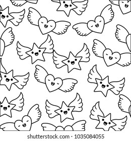 cute hearts love and stars with wings kawaii pattern