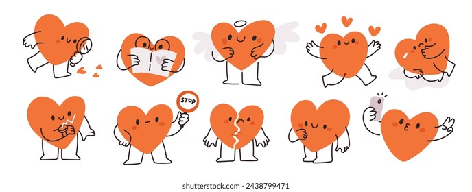 Cute hearts mascot characters. Health, lovely, sad, depressed, running hearts icon set. Flat graphic vector creative illustrations isolated on white background	