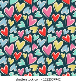 Cute hearts on the dark background. Seamless vector pattern with hearts.