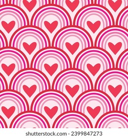 Cute Hearts on retro geometric rainbows seamless pattern  in red and pink. For valentines day print, wallpaper and fabric. 