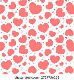 Cute hearts pattern, pink ans white vector seamless background. Illustrated heart shapes symbol of love and Valentines Day February 14 celebration. Romantic pattern design.