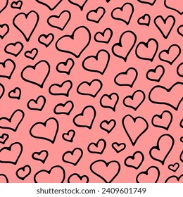 Cute hearts pattern. Vector seamless background for Saint Valentines day, wedding, date. Hand drawn hearts repeat illustration. Doodle love symbols black and pink print.