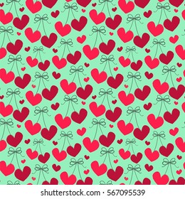 Cute hearts and ribbons. Seamless vector pattern.