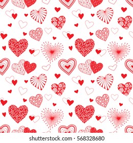 Cute hearts seamless background. Valentine's day ornament red on white. Romantic tiled pattern for wrapping paper and wallpaper design. 