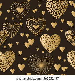 Cute hearts seamless background. Valentine's day ornament golden on black. Romantic tiled pattern for wrapping paper and wallpaper design. 