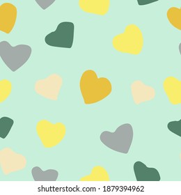 lindo patrón sin fisuras de corazones en color de tendencia 2021. minimalismo dibujado a mano vectorial simple. papel pintado, textiles, papel envolvente, decoración. gris, dorado, amarillo, verde. amor, Día de San Valentín.