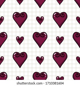 Cute hearts seamless vector pattern. Hand drawn romantic symbol kawaii illustration for kids. Valentines day all over print on stripe background. Marriage tile. 