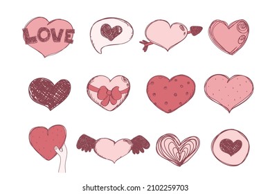 cute Hearts Set. Doodle Style. Collection of Design elements for postcards, stories, Wedding and Valentine day invitation and greeting cards design