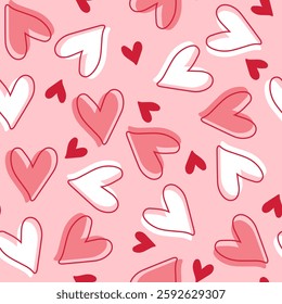 Cute hearts in shades of pink and red, with white outlines on a pastel background,  heart seamless pattern vector illustration,  doodle summer,  kids and baby designs for print fabric.