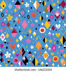 cute hearts, stars, flowers and diamond shapes retro pattern