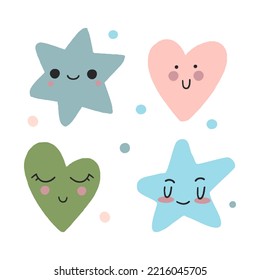 Cute hearts and stars with kawaii eyes. For decoration of childrens rooms and holidays. Vector modern 