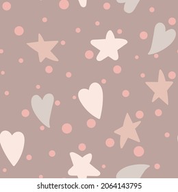 Cute hearts and stars seamless pattern. Delicate background in the Scandinavian style. Vector illustration for design, postcards, baby clothes, gift paper, fabric.