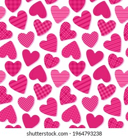 Cute Hearts with the texture of cells, polka dots, fabrics. Seamless Pattern Girly Fashion Abstract Surface Design. Pink colored love vector shapes isolated on white background.