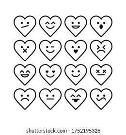 Cute Hearts. Vector Set Of Outline Emoticons. 