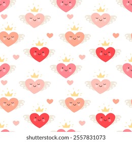 Cute hearts with wings and a crown in kawaii style on a white background. Seamless pattern, print, vector illustration