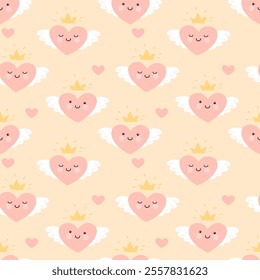 Cute hearts with wings and a crown in kawaii style on a beige background. Seamless pattern, print, vector illustration