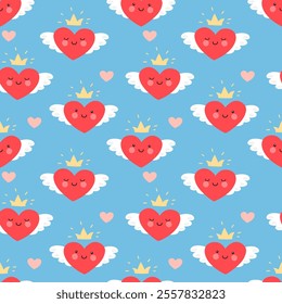 Cute hearts with wings and a crown in kawaii style on a blue background. Seamless pattern, print, vector illustration