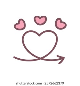 Cute heart-shaped arrow icon. Abstract romantic emoji. Kawaii St. Valentine day sticker. Hand drawn illustration isolated on a white background. Vector 10 EPS.