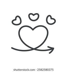 Cute heart-shaped arrow icon. Abstract romantic emoji. Kawaii St. Valentine day sticker. Hand drawn monochrome illustration isolated on a white background. Vector 10 EPS.