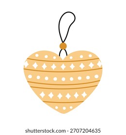 Netter herzförmiger Baum mit dekorativen Streifen und Punkten. Festliches dekoratives Ferienelement einzeln auf Weiß. Handgezeichnete, flache Vektorgrafik. Perfekt für Weihnachts- und Saisondesigns, Karten.