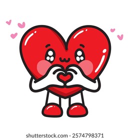 A cute heart-shaped character who's drawing a heart sign with his hand