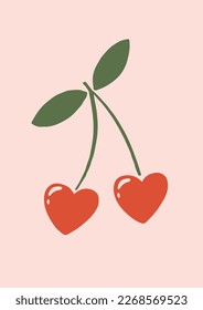 Cute Heart-Shaped Cherries on Pink Background. Simple Hand Drawn Vector Illustration Perfect  For Poster, Card, Invitation, T-shirt Print, Playroom Wall Hanging Or Valentine’s Day Greeting Card.