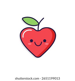 Cute heart-shaped cherry icon with a happy face and green leaf. Perfect for love, fruit, or kawaii designs.