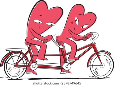 A cute heart-shaped couple rides a tandem bicycle, sharing a fun and romantic moment. A minimalist Valentine's Day vector illustration perfect for greeting cards, posters, and holiday designs.