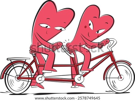 A cute heart-shaped couple rides a tandem bicycle, sharing a fun and romantic moment. A minimalist Valentine's Day vector illustration perfect for greeting cards, posters, and holiday designs.