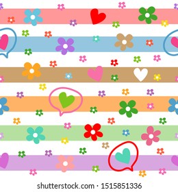 Cute heart-shaped and flower seamless pattern on colorful striped background.