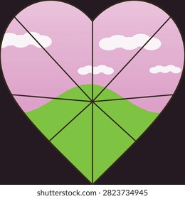 A cute heart-shaped frame layout featuring a pink sky with soft white clouds and green rolling hills, divided into grid sections. Perfect for photo collage templates, romantic card designs, landscape mockups, social media graphics, and digital art backdrops.

#HeartFrame #VectorIllustration #LandscapeDesign #CuteGraphics #HeartShape #PhotoFrame #DigitalArt #GraphicAssets #PinkSky #NatureIllustration