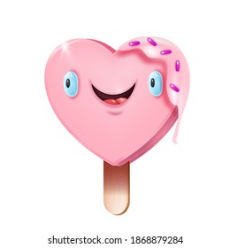 Cute heart-shaped kawaii love illustration with pink popsicle on wooden stick isolated on white. Funny ice-cream smiley face 3D concept. St. Valentine’s Day postcard with kawaii popsicle character 
