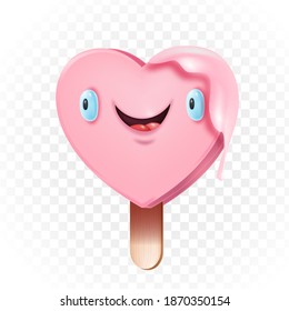 Cute heart-shaped kawaii popsicle love illustration on wooden stick isolated on white. Funny romantic pink ice-cream smiling face 3D concept. Valentine’s Day postcard with kawaii popsicle character