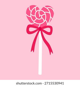 Una linda piruleta en forma de corazón con un lazo. Vector ilustración dibujada a mano en un estilo plano. Perfecto para decoraciones, logotipo, menú, diseños de vacaciones. Comida dulce.