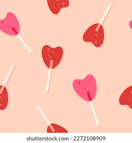 A cute heart-shaped lollipop seamless pattern, sweets, candies backdrop. Funny retro-style Valentine's Day vector repeat for fabric, textile, wrapping paper, wallpaper design.