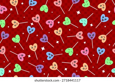 Lindo patrón de piruletas en forma de corazón sin costuras. Fondo del caramelo del amor en tonos rojos para los Fondos de pantalla del día de San Valentín, impresiones textiles, telas, manteles, abrigo del regalo, y diseños de la impresión