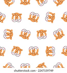 Cute heart-shaped pretzel seamless pattern. Vector cartoon design on white background. Sweet sugar dessert to show love. Background for Valentine day. 