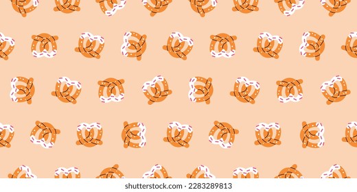 Cute heart-shaped pretzel seamless pattern. Vector cartoon design on white background. Sweet sugar dessert to show love. Background for Valentine day. 