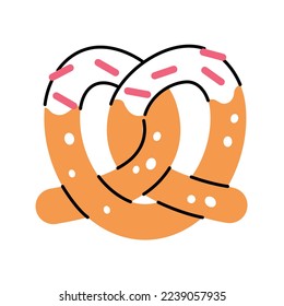 Cute heart-shaped pretzel. Vector cartoon clipart isolated illustration on white background. Sweet sugar dessert to show love. Image for Valentine day. 