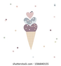 Cute hearty ice cream vector illustration. Doodle yummy gelato simple composition. Cartoon dessert drawing on dotty background. Heart ice cream in waffle cone nursery poster.