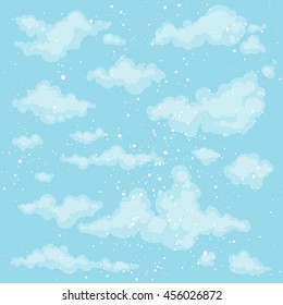Cute heaven vector background with blue sky and fluffy clouds. Morning air, spring or summer backdrop texture