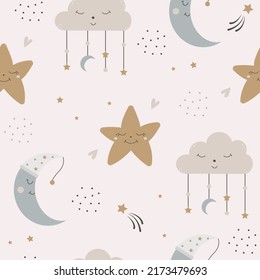 Cute heavenly seamless pattern. Cartoon baby print with a sleeping moon, star and cloud. Hand drawn kids background. Design nursery. 