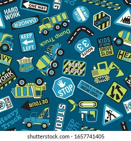 Cute heavy equipment machinery road construction abstract vector print for children wear fabric seamless pattern 