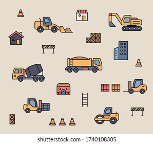 Cute heavy equipment truck icon. Pattern composition. flat design style minimal vector illustration.