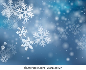 Cute heavy snow flakes backdrop. Winter dust frozen particles. Snowfall sky white teal blue wallpaper. Glimmer snowflakes january vector. Snow cold season landscape.
