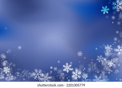 Ilustración de gruesos copos de nieve. Elementos de congelación de polvo de nevadas. Fondo azul blanco cielo de nevada. Los copos de nieve planos son el tema de diciembre. Paisaje de la estación fría de nieve.