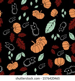 A cute Hedgedog with pumpkins and leaves all around, in an autumn atmosphere