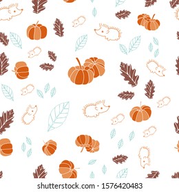 A cute Hedgedog with pumpkins and leaves all around, in an autumn atmosphere