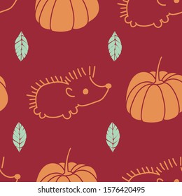 A cute Hedgedog with pumpkins and leaves all around, in an autumn atmosphere