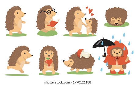 Cute hedgehog actions and poses set. Cartoon wild animal walking in rain, reading, playing with baby, sleeping, running, carrying food. Vector illustration for wildlife, nature, children book concepts